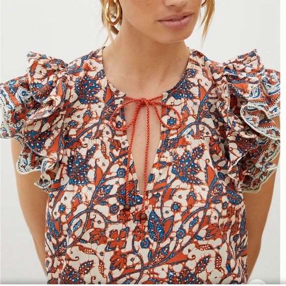 NWT Love The Label Anthropologie Ruffle Floral Print V-Neck Top Mabel Rust - Picture 4 of 12